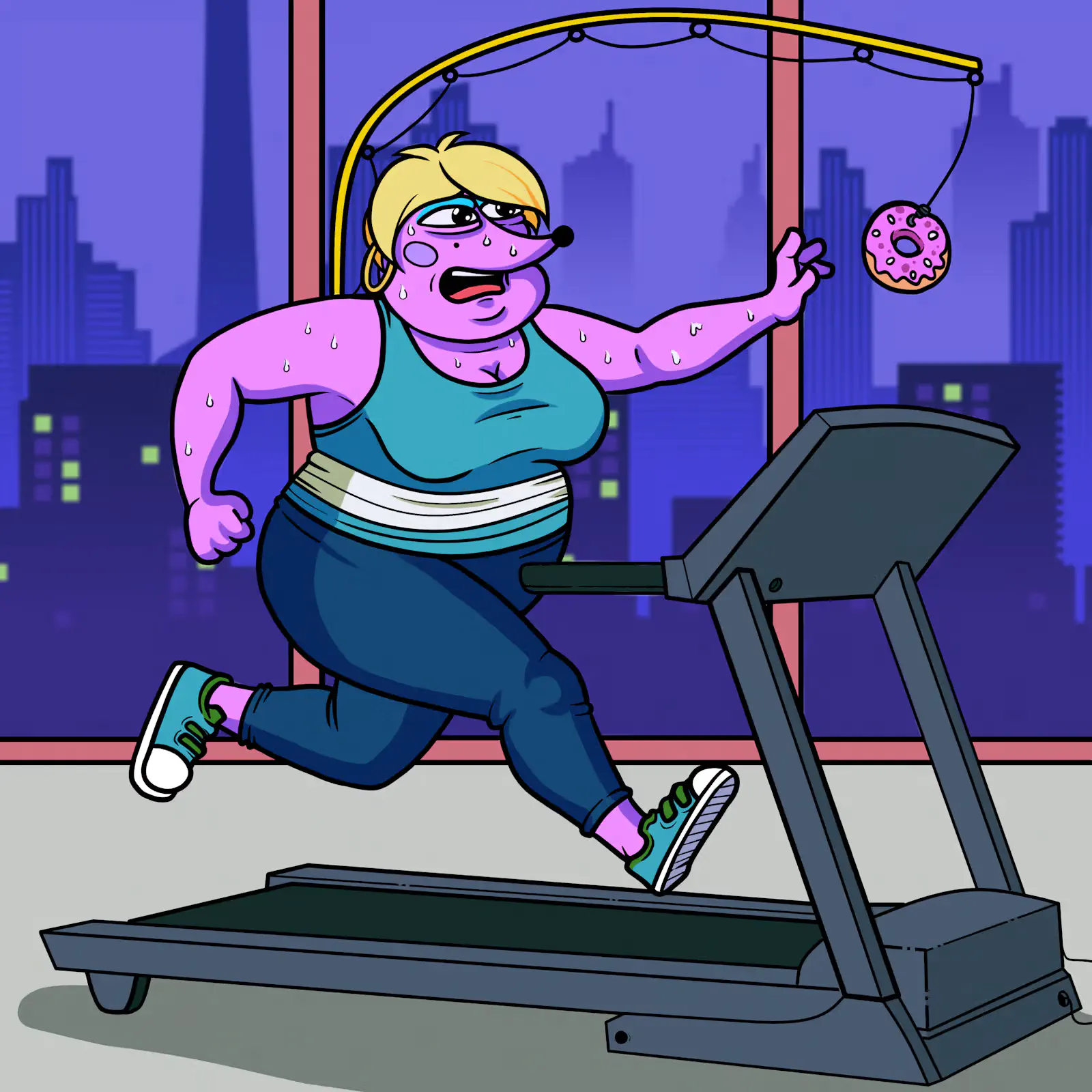Helena running on a treadmill, reaching after a glazed donut hanging just out of reach