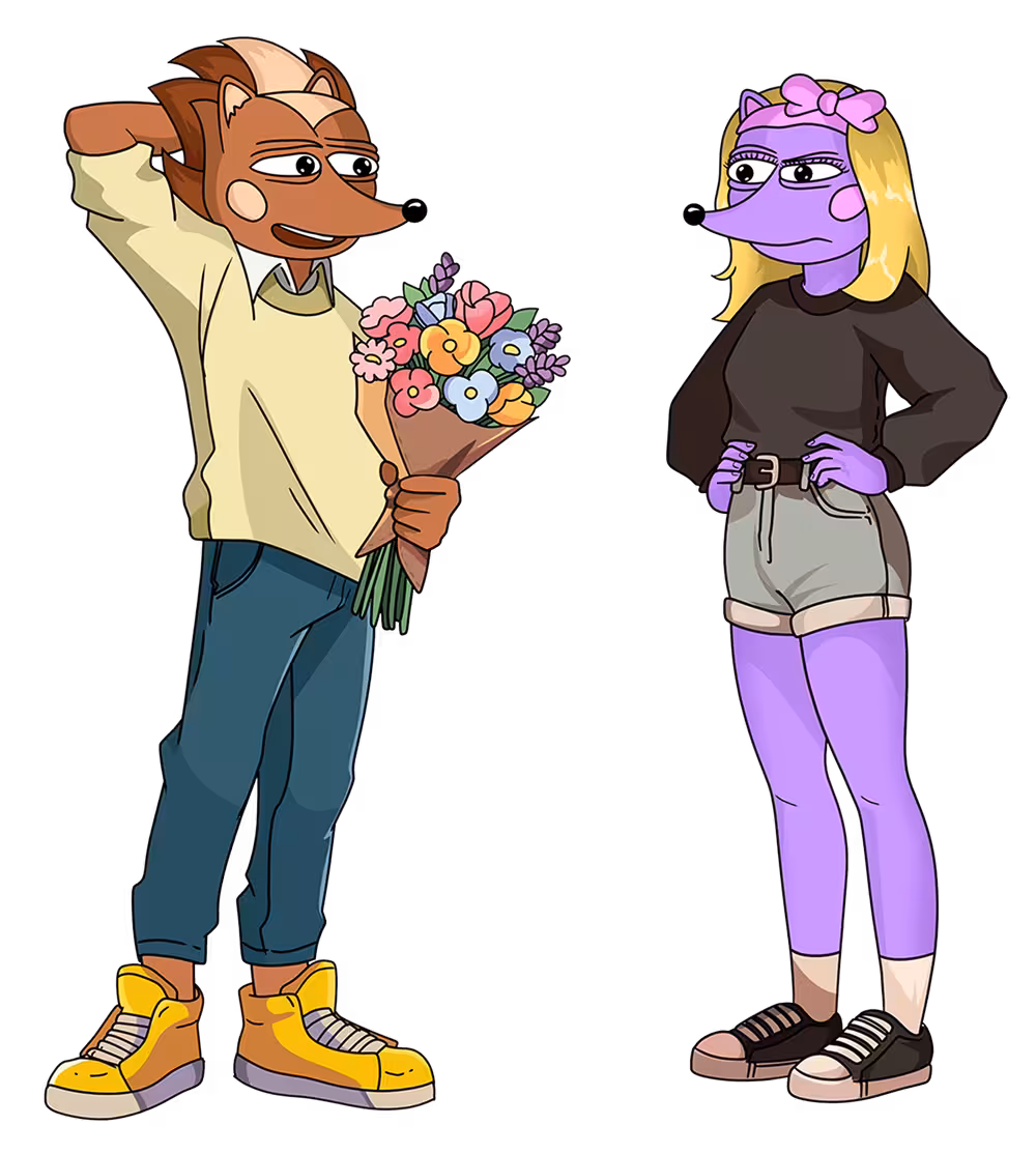 Hege, to the right, offering a wrapped boquet of flowers to Hegena, standing to the right.