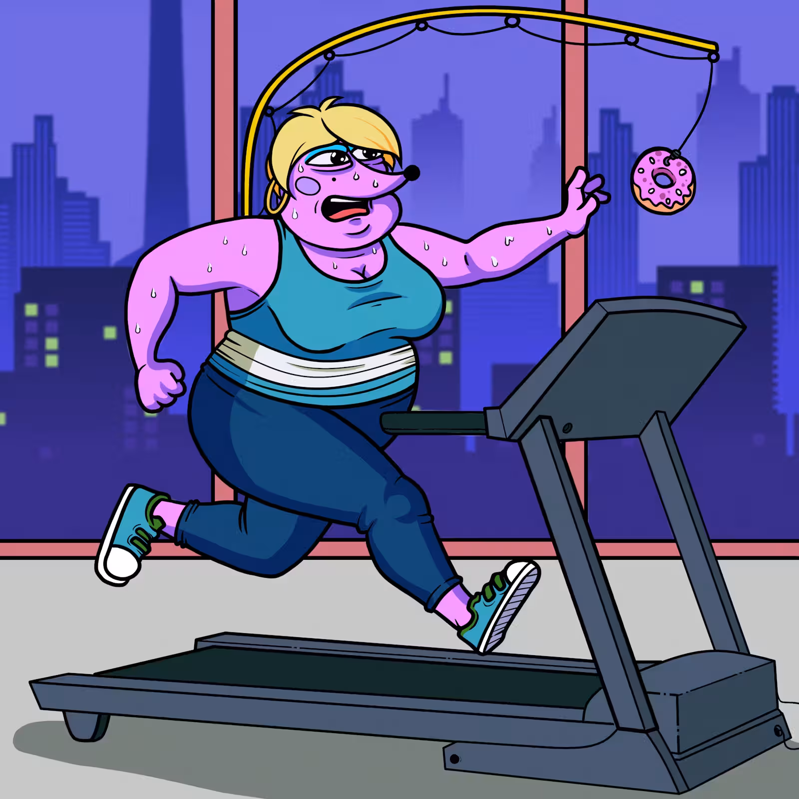 Helena running on a treadmill, reaching after a glazed donut hanging just out of reach