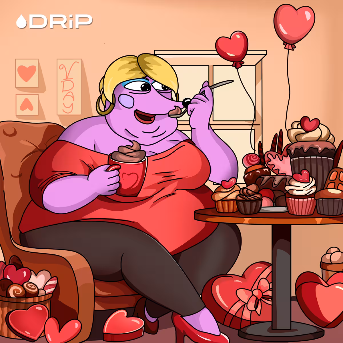 Helena binging on a table full of Valentine's sweets